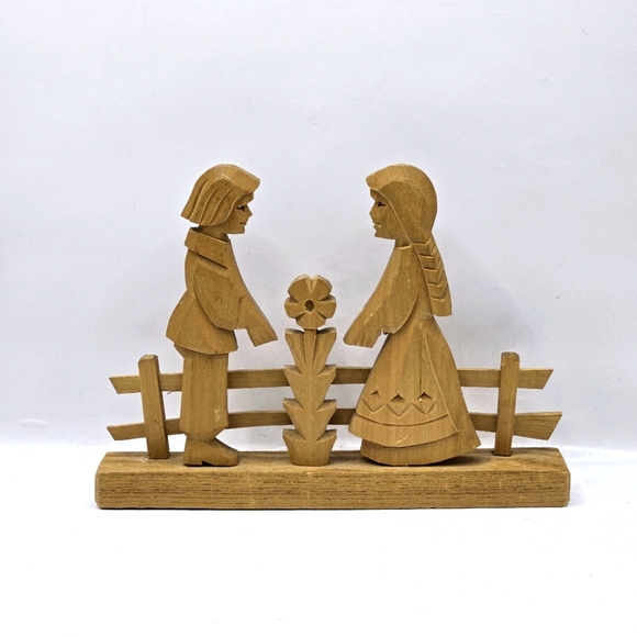 Rare VTG Happy Couple Love Wood Hand Carved Figurine...